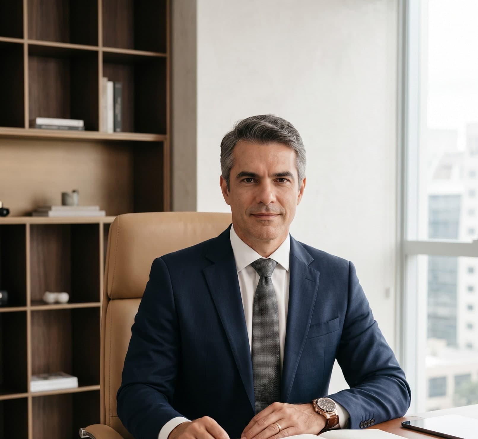 Dr. Rafael Moura sentado à mesa do escritório, de terno azul-marinho, com estante de madeira ao fundo e janela ampla à direita